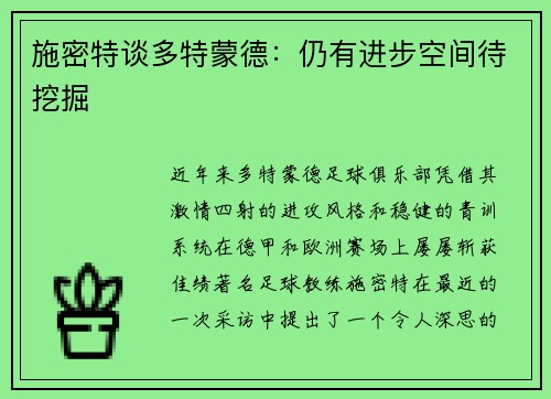 施密特谈多特蒙德：仍有进步空间待挖掘